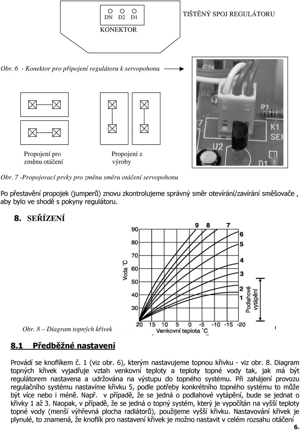 SEŘÍZENÍ Obr. 8 Diagram topných křivek 8.1 Předběžné nastavení Provádí se knoflíkem č. 1 (viz obr. 6), kterým nastavujeme topnou křivku - viz obr. 8. Diagram topných křivek vyjadřuje vztah venkovní teploty a teploty topné vody tak, jak má být regulátorem nastavena a udržována na výstupu do topného systému.