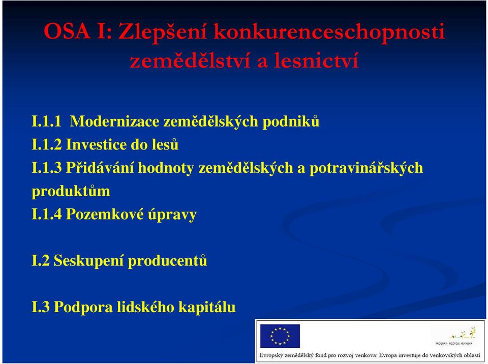 1.4 Pozemkové úpravy I.2 Seskupení producentů I.