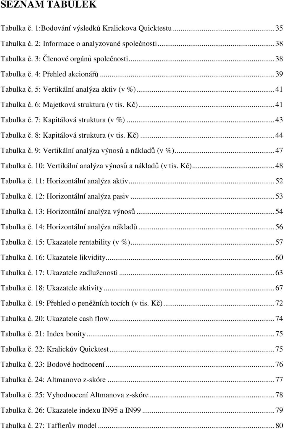 Kč)... 44 Tabulka č. 9: Vertikální analýza výnosů a nákladů (v %)... 47 Tabulka č. 10: Vertikální analýza výnosů a nákladů (v tis. Kč)... 48 Tabulka č. 11: Horizontální analýza aktiv... 52 Tabulka č.