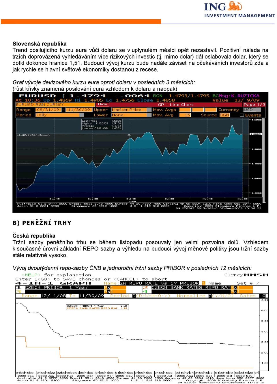 Graf vývoje devizového kurzu eura oproti dolaru v posledních 3 měsících: (růst křivky znamená posilování eura vzhledem k dolaru a naopak) B) PENĚŽNÍ TRHY Česká republika Tržní sazby peněžního trhu se
