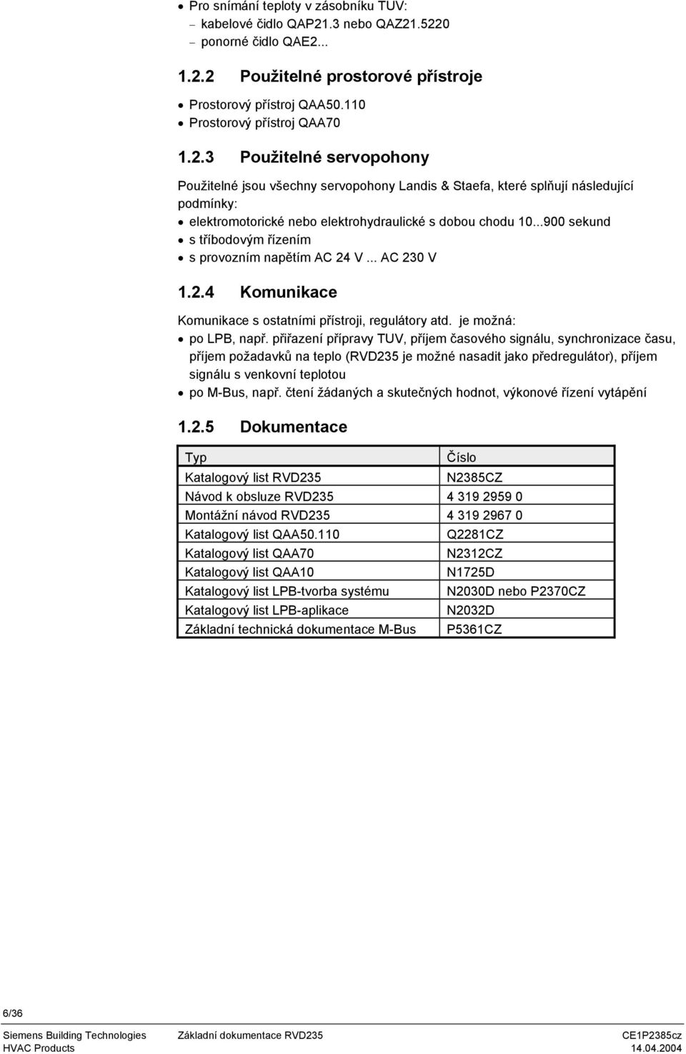 ..900 sekund s tříbodovým řízením s provozním napětím AC 24 V... AC 230 V 1.2.4 Komunikace Komunikace s ostatními přístroji, regulátory atd. je možná: po LPB, např.