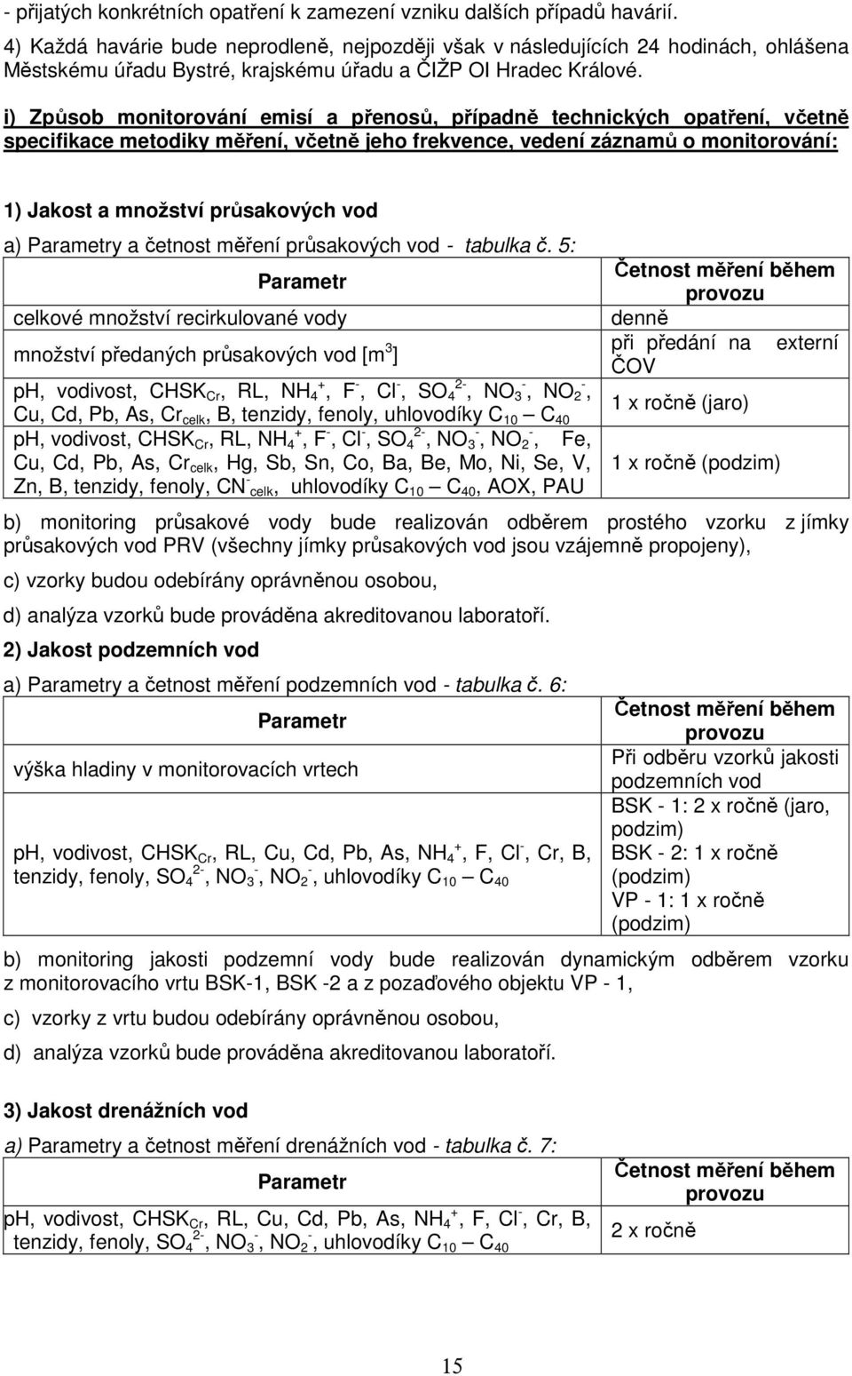 i) Způsob monitorování emisí a přenosů, případně technických opatření, včetně specifikace metodiky měření, včetně jeho frekvence, vedení záznamů o monitorování: 1) Jakost a množství průsakových vod