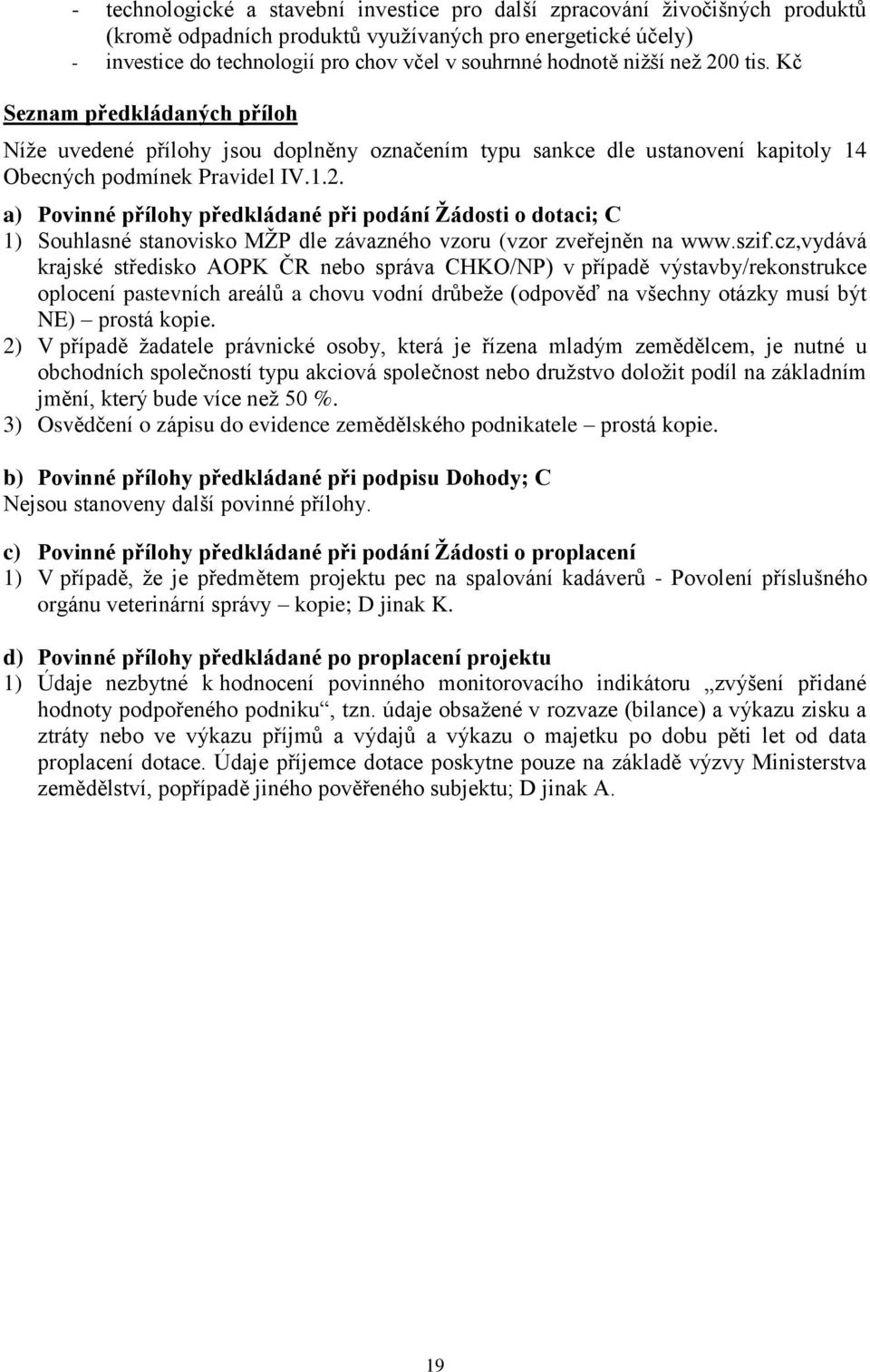 Kč Seznam předkládaných příloh Níže uvedené přílohy jsou doplněny označením typu sankce dle ustanovení kapitoly 14 a) Povinné přílohy předkládané při podání Žádosti o dotaci; C 1) Souhlasné