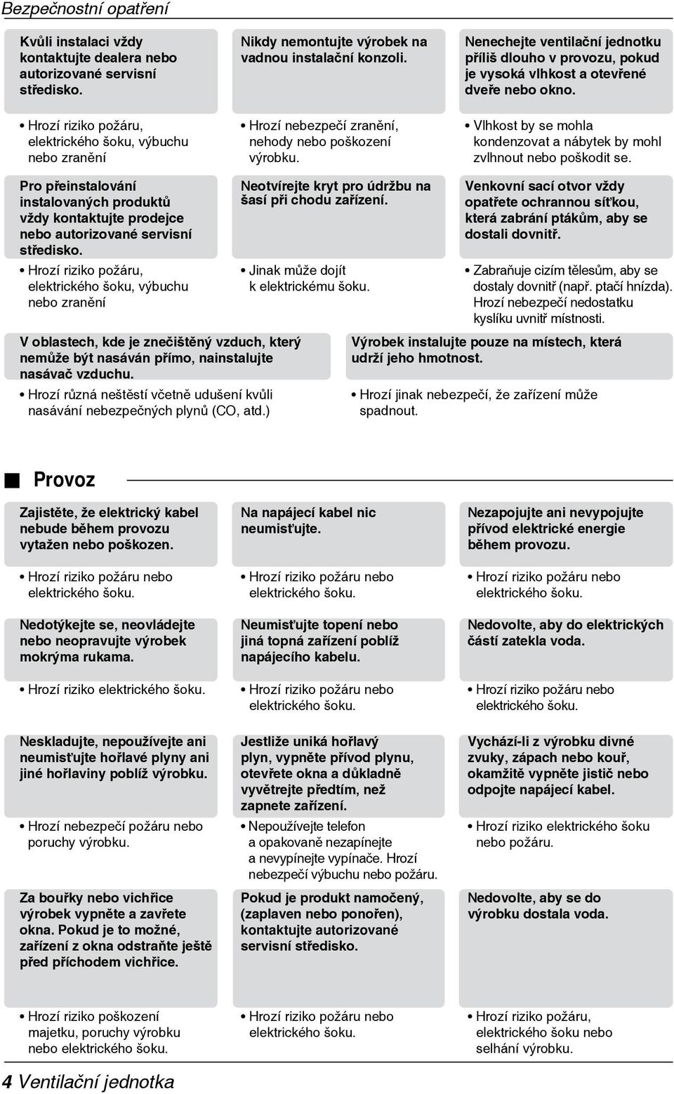 Nenechejte ventilační jednotku příliš dlouho v provozu, pokud je vysoká vlhkost a otevřené dveře nebo okno. Vlhkost by se mohla kondenzovat a nábytek by mohl zvlhnout nebo poškodit se.