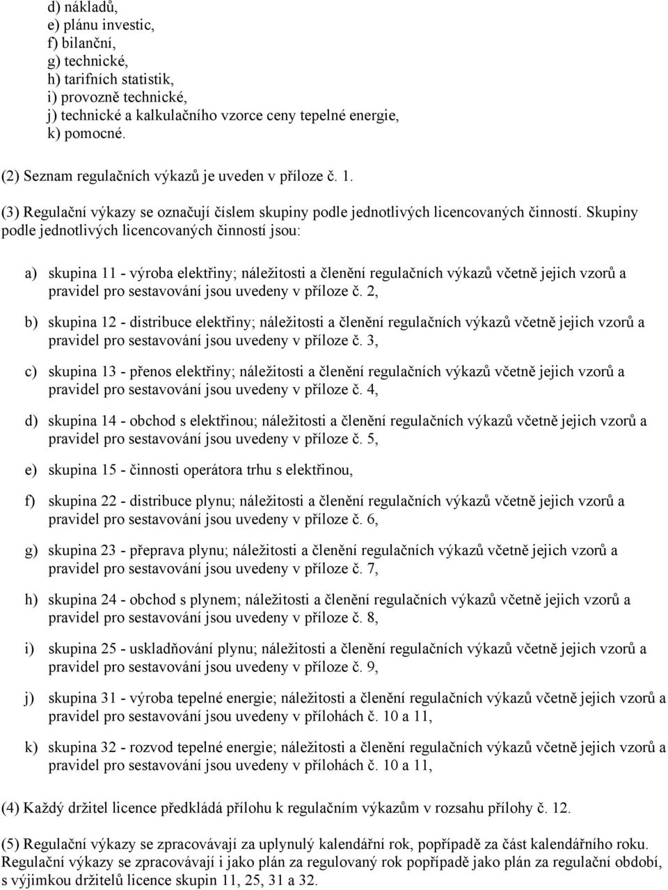 Skupiny podle jednotlivých licencovaných činností jsou: a) skupina 11 - výroba elektřiny; náležitosti a členění regulačních výkazů včetně jejich vzorů a pravidel pro sestavování jsou uvedeny v