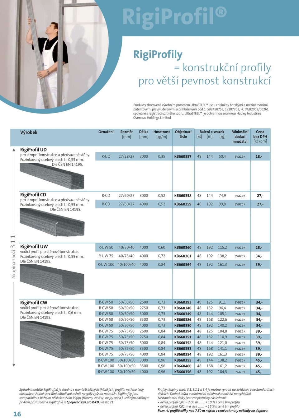 UltraSTEEL je ochrannou známkou Hadley Industries Overseas Holdings Limited Označení Rozměr RigiProfil UD pro stropní konstrukce a předsazené stěny. Pozinkovaný ocelový plech tl. 0,55 mm.