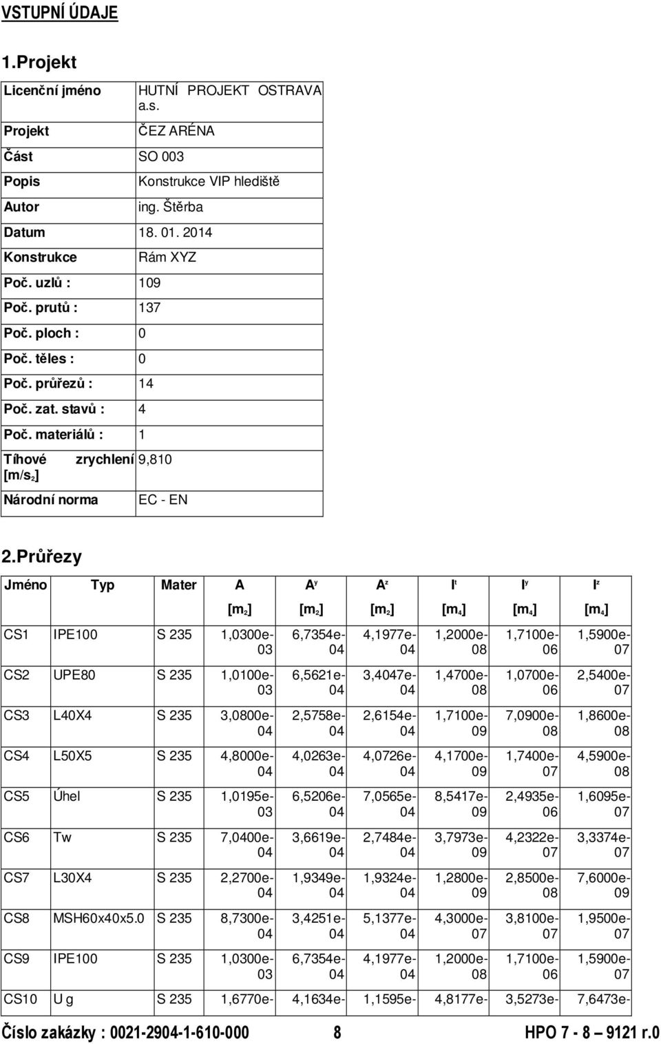 Průřezy Jmno Typ Mater A CS1 IPE100 S 235 1,0300e- 03 CS2 UPE80 S 235 1,0100e- 03 CS3 L40X4 S 235 3,0800e- CS4 L50X5 S 235 4,8000e- CS5 Úhel S 235 1,0195e- 03 CS6 Tw S 235 7,00e- CS7 L30X4 S 235