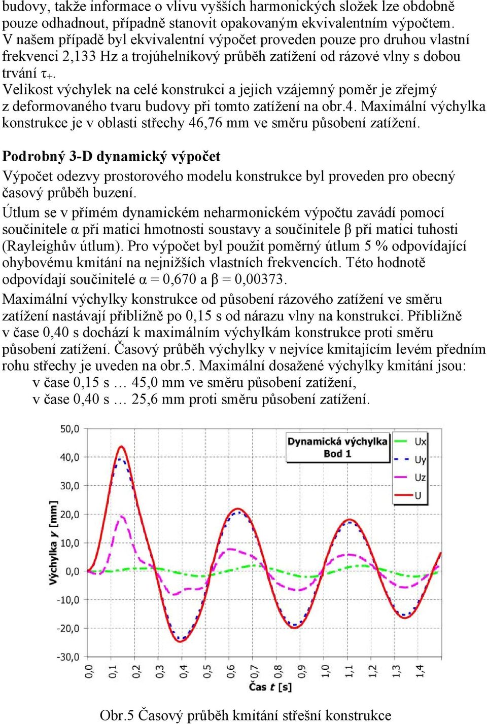 Velikost výchylek na celé konstrukci a jejich vzájemný poměr je zřejmý z deformovaného tvaru budovy při tomto zatížení na obr.4.