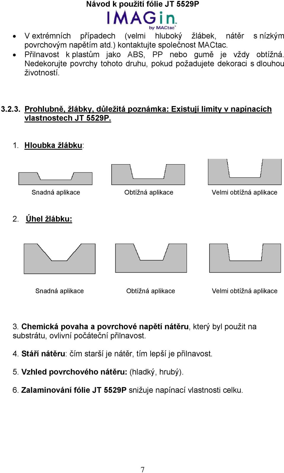 Hloubka žlábku: Snadná aplikace Obtížná aplikace Velmi obtížná aplikace 2. Úhel žlábku: Snadná aplikace Obtížná aplikace Velmi obtížná aplikace 3.