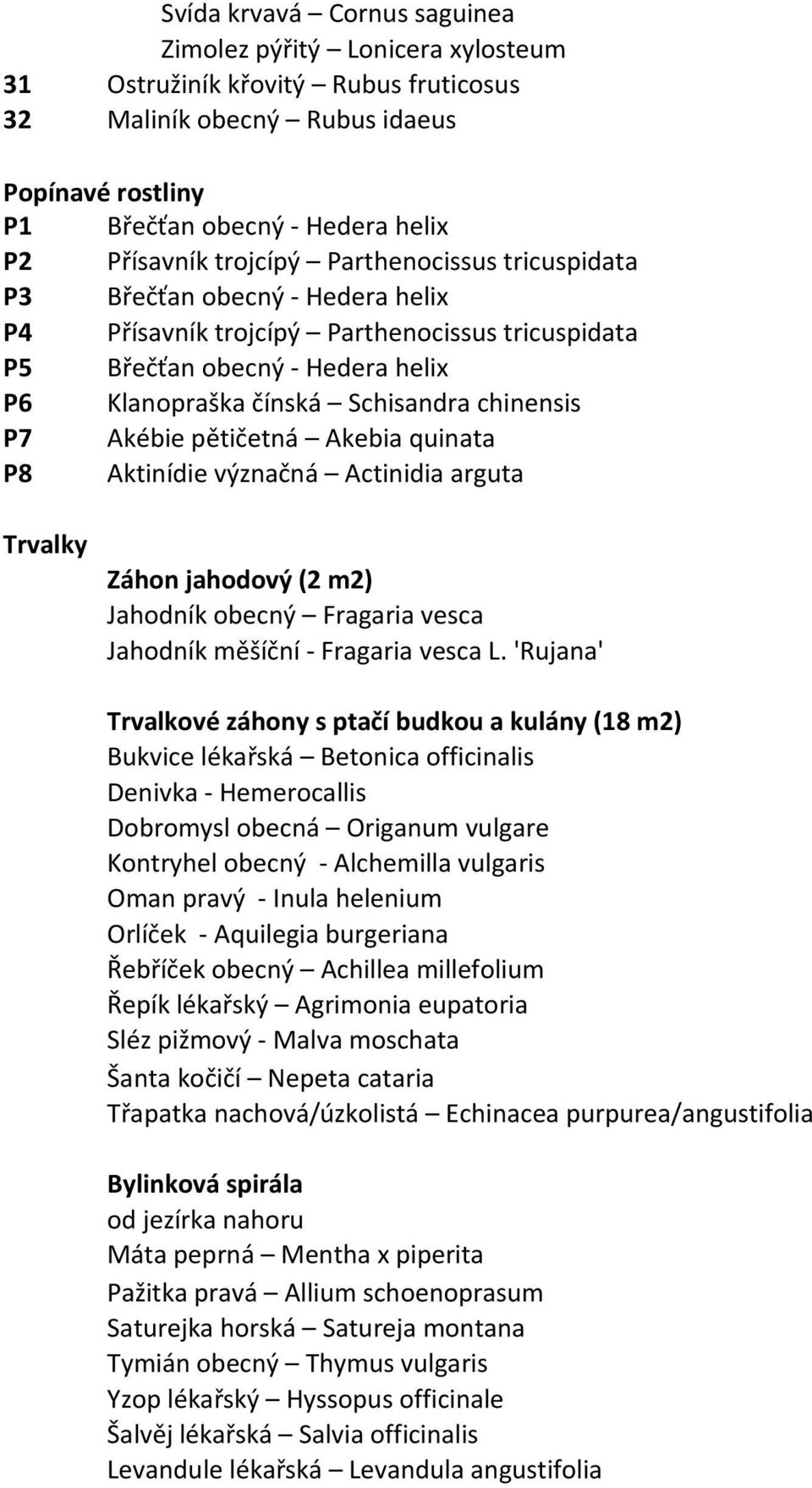 Akébie pětičetná Akebia quinata P8 Aktinídie význačná Actinidia arguta Trvalky Záhon jahodový (2 m2) Jahodník obecný Fragaria vesca Jahodník měšíční - Fragaria vesca L.