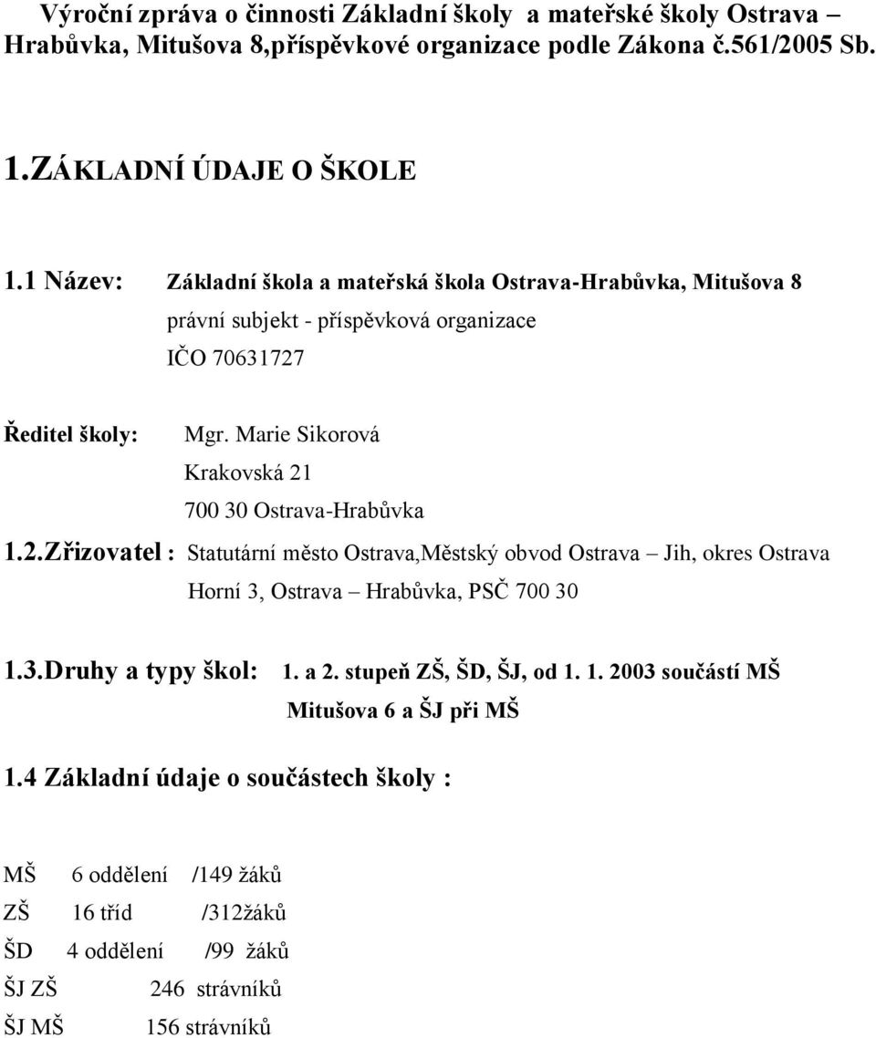 Marie Sikorová Krakovská 21 700 30 Ostrava-Hrabůvka 1.2.Zřizovatel : Statutární město Ostrava,Městský obvod Ostrava Jih, okres Ostrava Horní 3, Ostrava Hrabůvka, PSČ 700 30 1.3.Druhy a typy škol: 1.