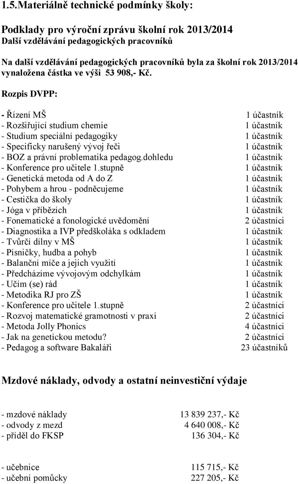 Rozpis DVPP: - Řízení MŠ 1 účastník - Rozšiřující studium chemie 1 účastník - Studium speciální pedagogiky 1 účastník - Specificky narušený vývoj řeči 1 účastník - BOZ a právní problematika pedagog.