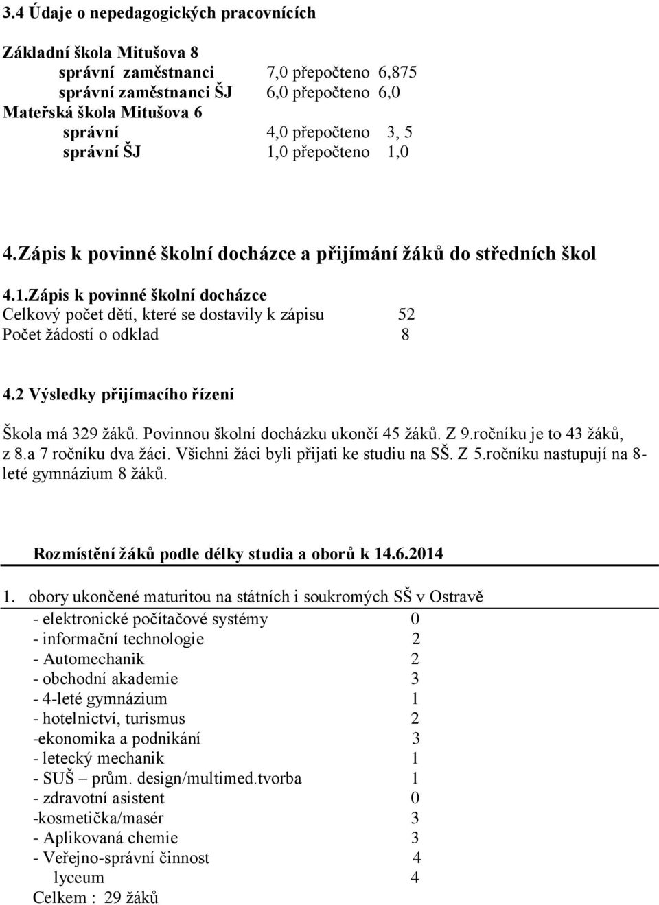 2 Výsledky přijímacího řízení Škola má 329 žáků. Povinnou školní docházku ukončí 45 žáků. Z 9.ročníku je to 43 žáků, z 8.a 7 ročníku dva žáci. Všichni žáci byli přijati ke studiu na SŠ. Z 5.