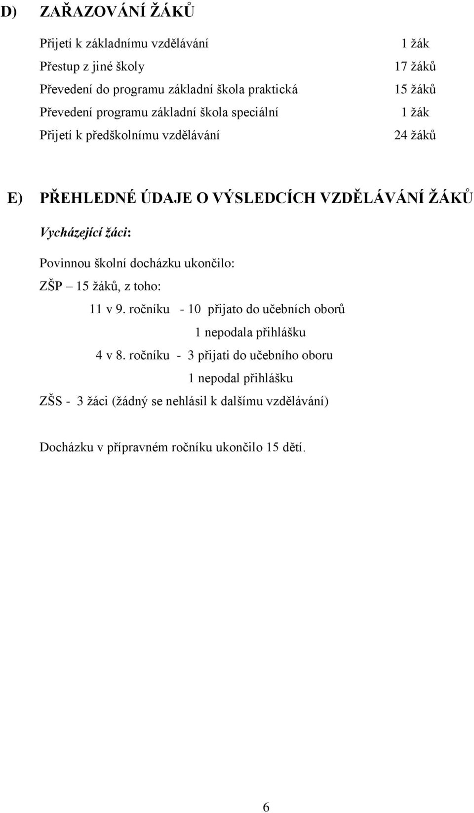 žáci: Povinnou školní docházku ukončilo: ZŠP 15 ţáků, z toho: 11 v 9. ročníku - 10 přijato do učebních oborů 1 nepodala přihlášku 4 v 8.