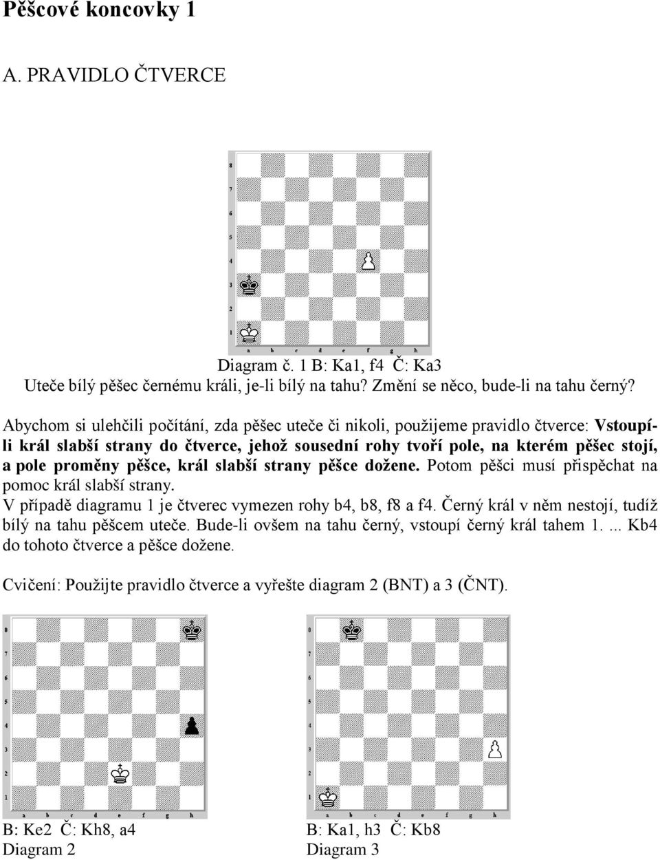 pěšce, král slabší strany pěšce dožene. Potom pěšci musí přispěchat na pomoc král slabší strany. V případě diagramu 1 je čtverec vymezen rohy b4, b8, f8 a f4.