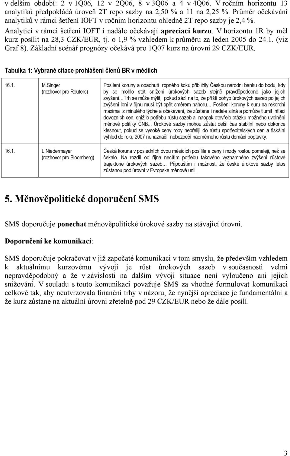 V horizontu 1R by měl kurz posílit na 28,3 CZK/EUR, tj. o 1,9 % vzhledem k průměru za leden 2005 do 24.1. (viz Graf 8). Základní scénář prognózy očekává pro 1Q07 kurz na úrovni 29 CZK/EUR.