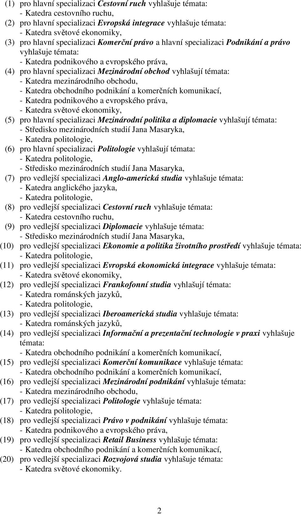 Politologie vyhlašují témata: (7) pro vedlejší specializaci Anglo-americká studia vyhlašuje témata: - Katedra anglického jazyka, (8) pro vedlejší specializaci Cestovní ruch vyhlašuje témata: (9) pro