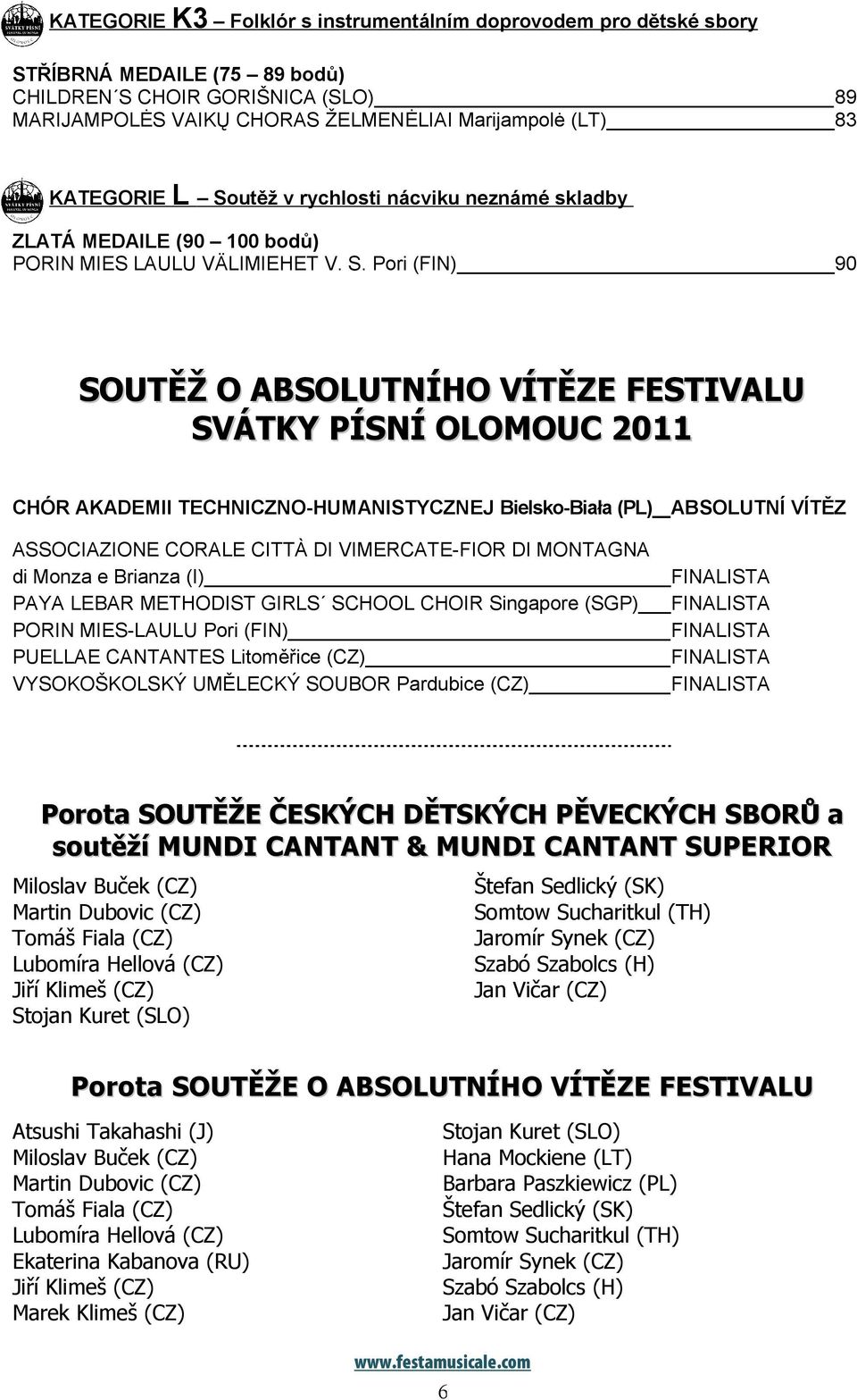 Pori (FIN) 90 SOUTĚŽ O ABSOLUTNÍHO VÍTĚZE FESTIVALU SVÁTKY PÍSNÍ OLOMOUC 2011 CHÓR AKADEMII TECHNICZNO-HUMANISTYCZNEJ Bielsko-Biała (PL) ABSOLUTNÍ VÍTĚZ ASSOCIAZIONE CORALE CITTÀ DI VIMERCATE-FIOR DI