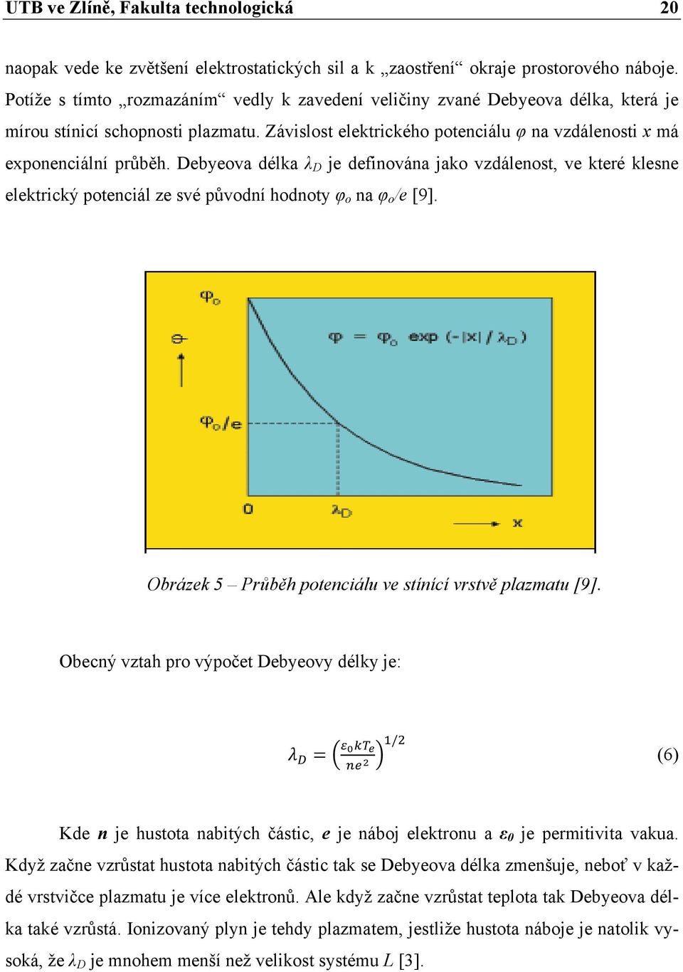 Debyeova délka λ D je definována jako vzdálenost, ve které klesne elektrický potenciál ze své původní hodnoty φ o na φ o /e [9]. Obrázek 5 Průběh potenciálu ve stínící vrstvě plazmatu [9].