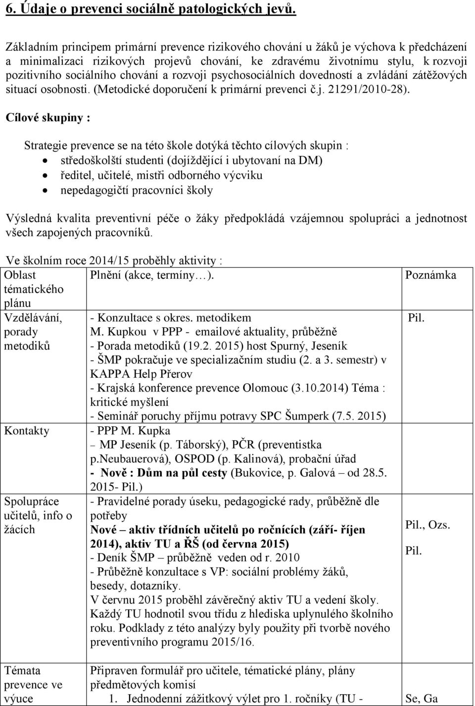 chování a rozvoji psychosociálních dovedností a zvládání zátěžových situací osobnosti. (Metodické doporučení k primární prevenci č.j. 21291/2010-28).