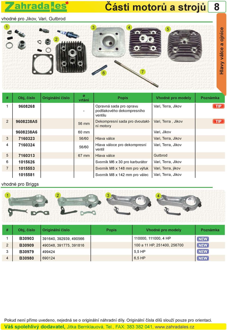 Vari, Terra, Jikov 4 7160324 Hlava váloce pro dekompresní Vari, Terra, Jikov 56/60 ventil 5 7160313 67 mm Hlava válce Gutbrod 6 1015626 Svorník M6 x 30 pro karburátor Vari, Terra, Jikov 7 1015553