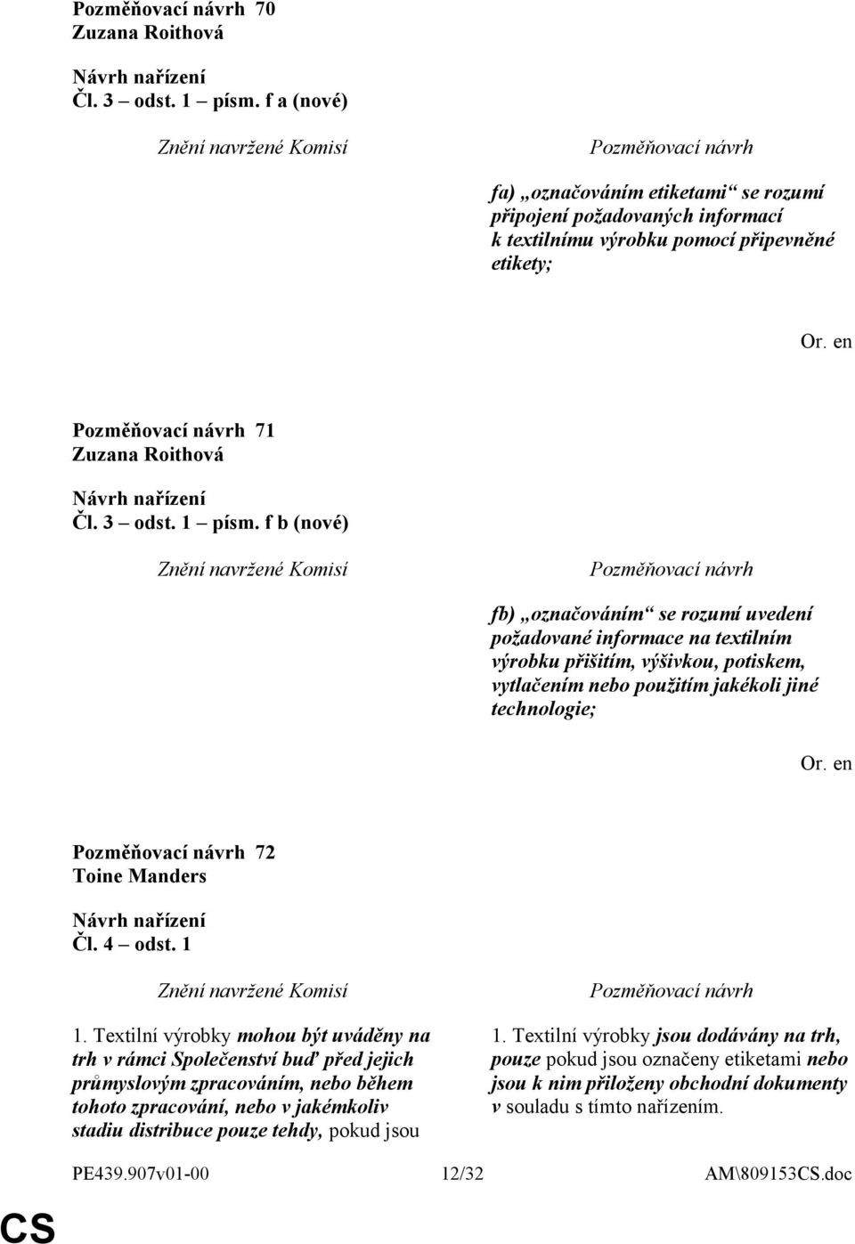 f b (nové) fb) označováním se rozumí uvedení požadované informace na textilním výrobku přišitím, výšivkou, potiskem, vytlačením nebo použitím jakékoli jiné technologie; 72 Toine Manders Čl. 4 odst.