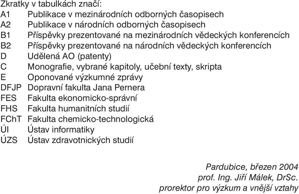 učební texty, skripta E Oponované výzkumné zprávy DFJP Dopravní fakulta Jana Pernera FES Fakulta ekonomicko-správní FHS Fakulta humanitních studií FChT