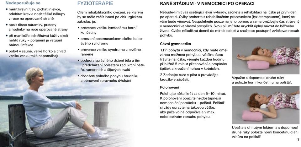 začít ihned po chirurgickém zákroku, je: prevence vzniku lymfedému horní končetiny omezení postmastektomického bolestivého syndromu prevence vzniku syndromu zmrzlého ramene podpora správného držení