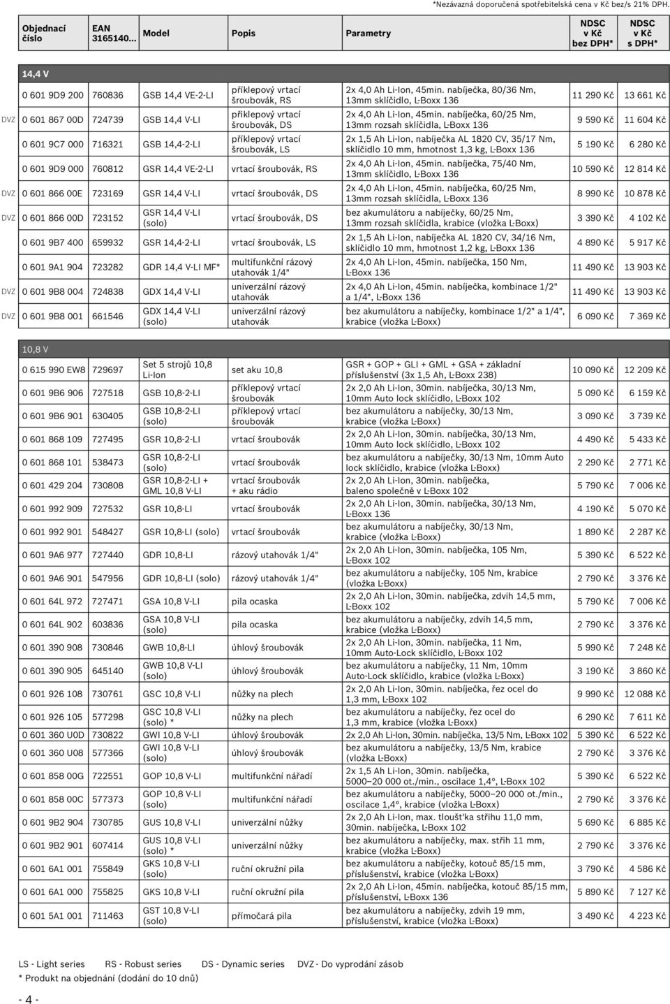 GSR 14,4 VE-2-LI vrtací šroubovák, RS DVZ 0 601 866 00E 723169 GSR 14,4 V-LI vrtací šroubovák, DS DVZ 0 601 866 00D 723152 GSR 14,4 V-LI vrtací šroubovák, DS 0 601 9B7 400 659932 GSR 14,4-2-LI vrtací