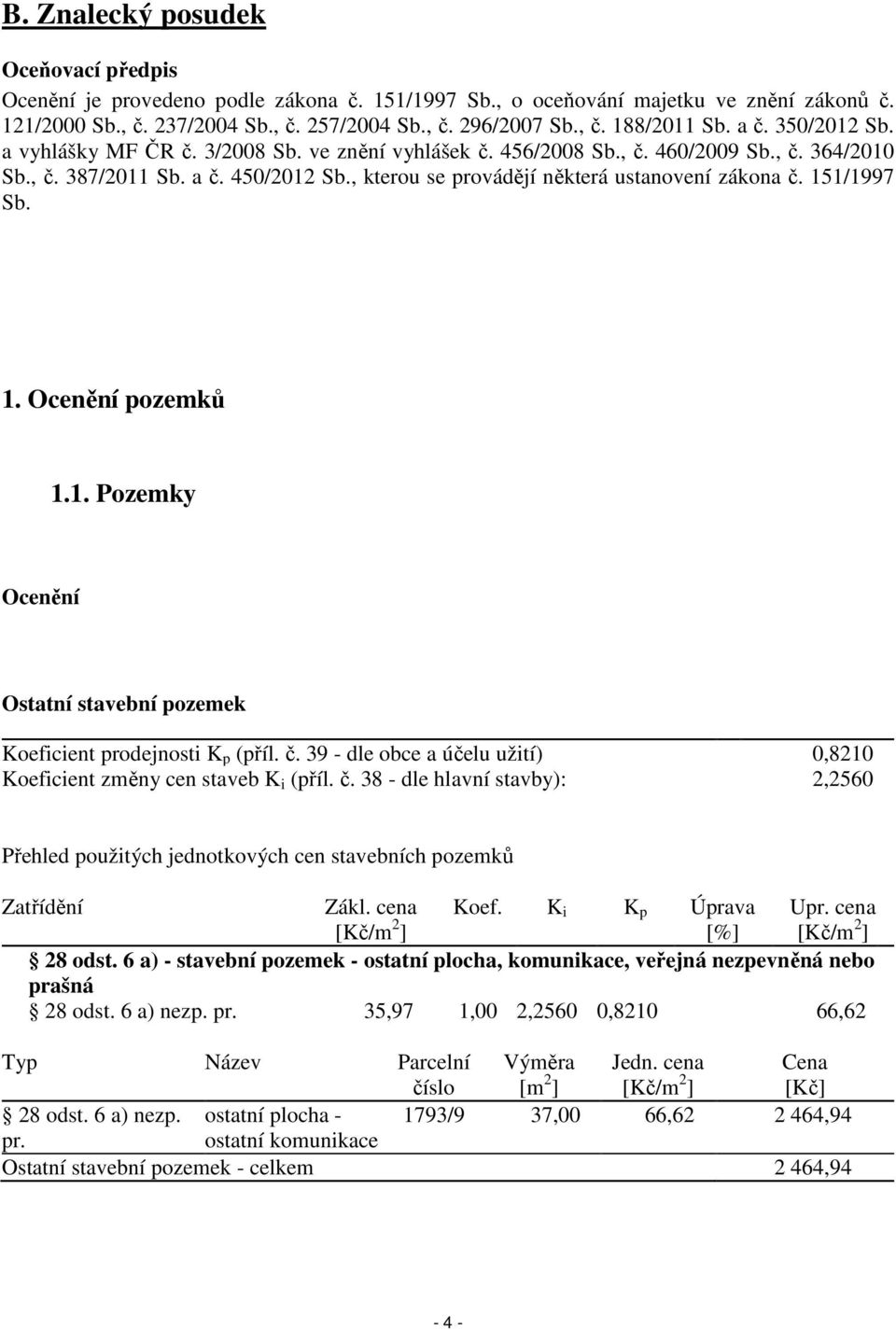 , kterou se provádějí některá ustanovení zákona č. 151/1997 Sb. 1. Ocenění pozemků 1.1. Pozemky Ocenění Ostatní stavební pozemek Koeficient prodejnosti K p (příl. č. 39 - dle obce a účelu užití) 0,8210 Koeficient změny cen staveb K i (příl.