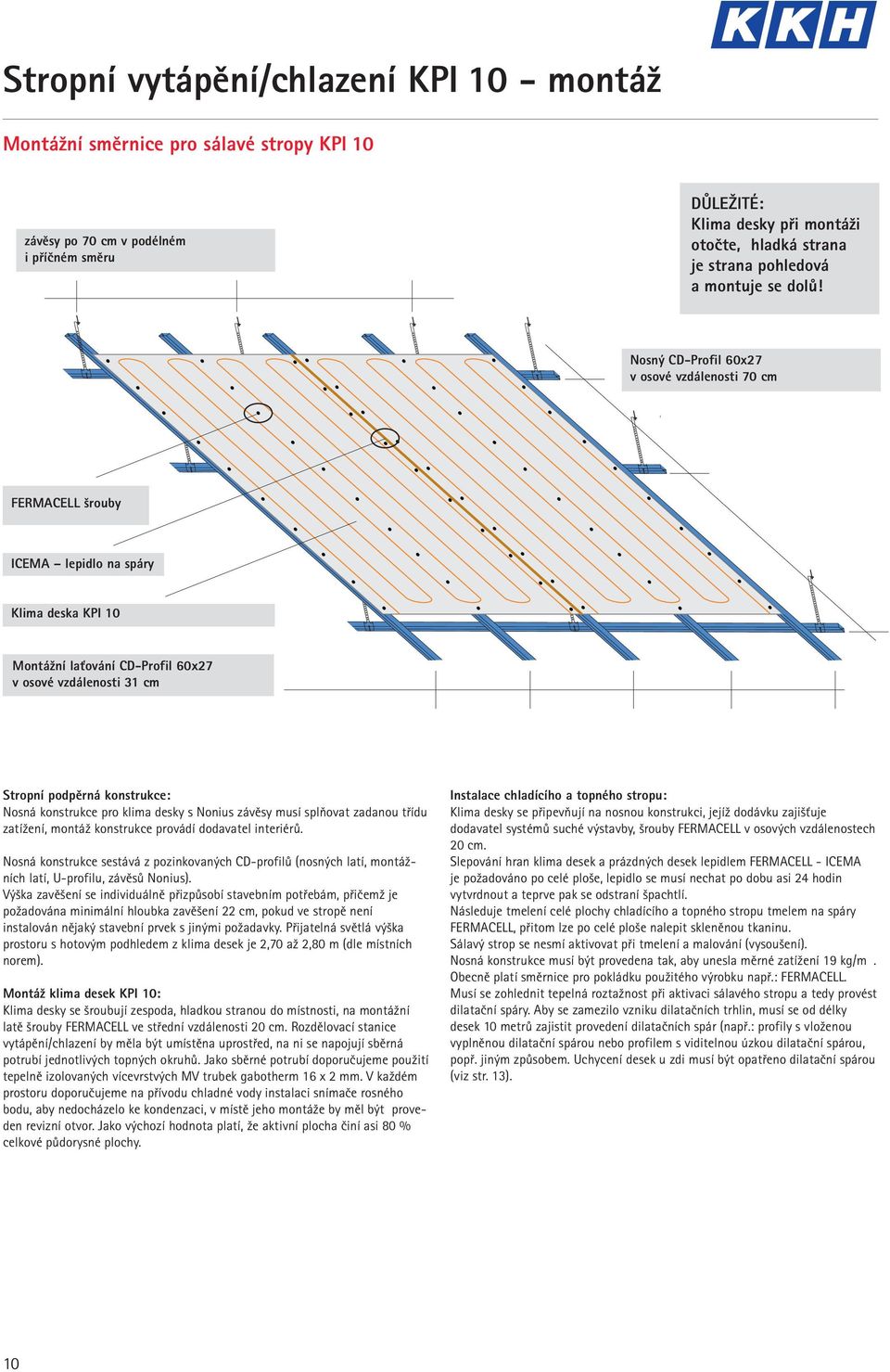 Nosný CD-Profil 60x27 v osové vzdálenosti 70 cm FERMACELL šrouby ICEMA lepidlo na spáry Klima deska KPI 10 Montážní laťování CD-Profil 60x27 v osové vzdálenosti 31 cm Stropní podpěrná konstrukce: