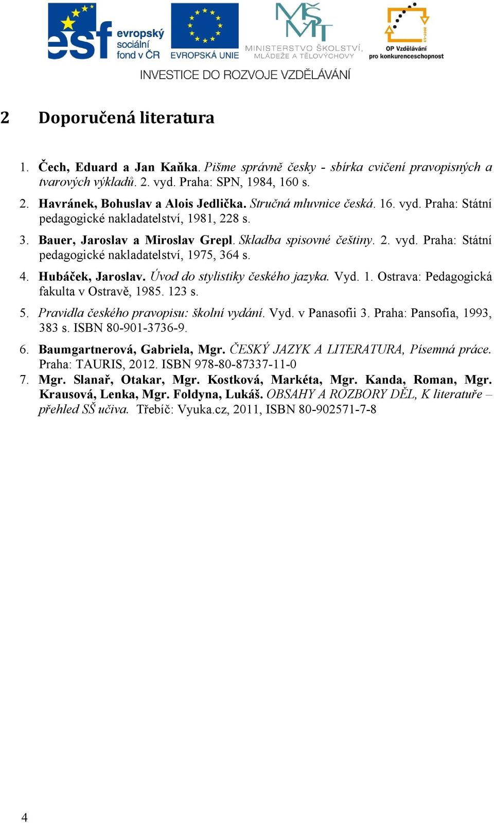 4. Hubáček, Jaroslav. Úvod do stylistiky českého jazyka. Vyd. 1. Ostrava: Pedagogická fakulta v Ostravě, 1985. 123 s. 5. Pravidla českého pravopisu: školní vydání. Vyd. v Panasofii 3.