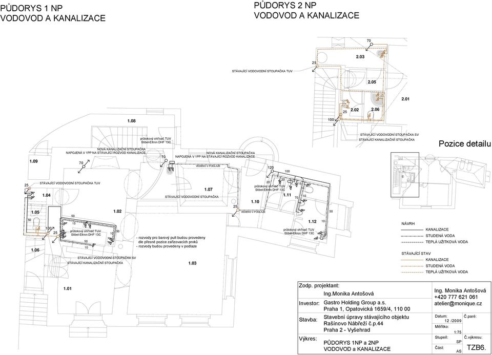 VEDENO V PODLAZE 120 STÁVAJÍCÍ VODOVODNÍ STOUPAČKA SV STÁVAJÍCÍ KANALIZAČNÍÍ STOUPAČKA Pozice detailu 25 50 1.05 1.06 STÁVAJÍCÍ VODOVODNÍ STOUPAČKA TUV 1.