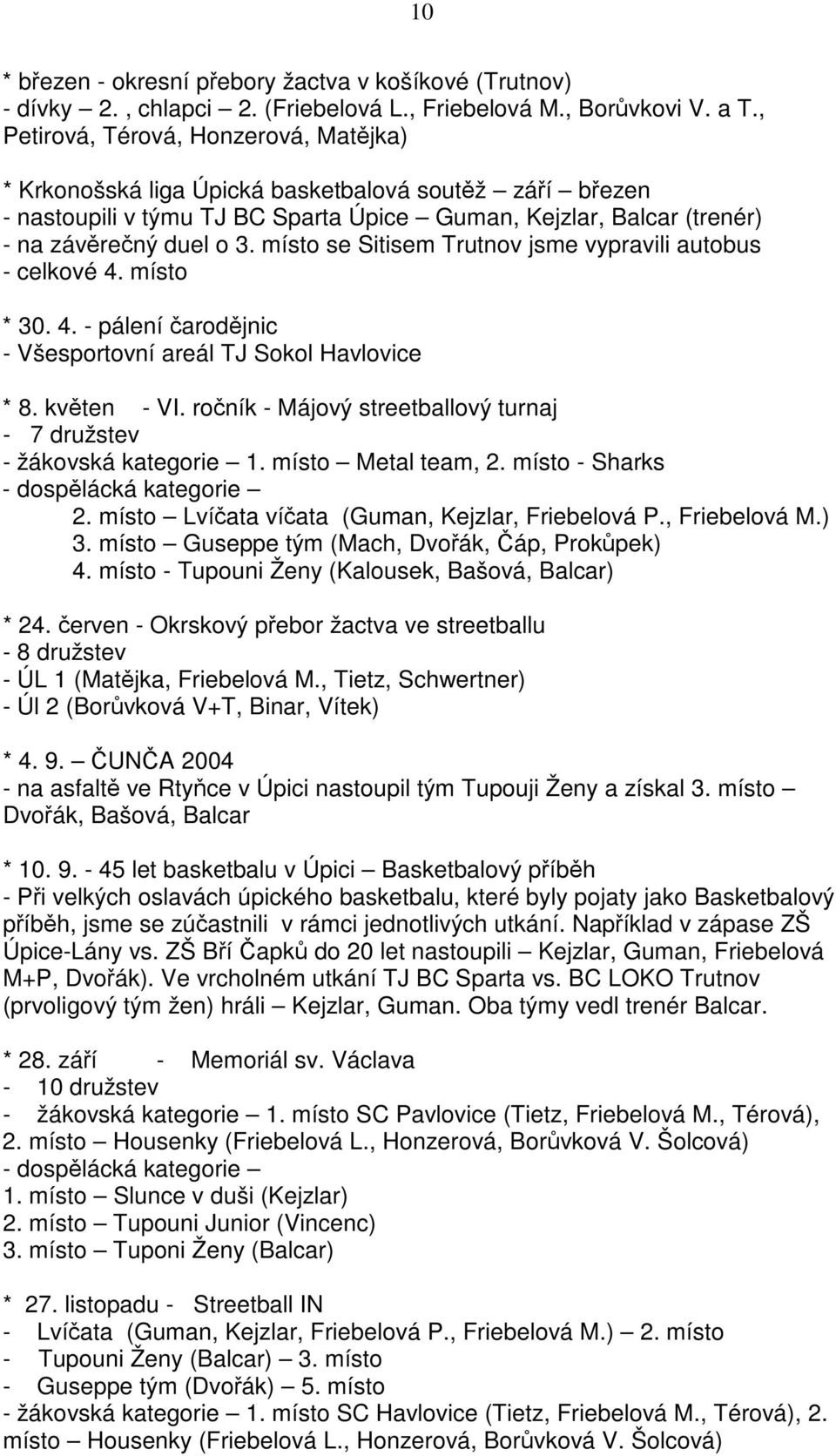 místo se Sitisem Trutnov jsme vypravili autobus - celkové 4. místo * 30. 4. - pálení arodjnic - Všesportovní areál TJ Sokol Havlovice * 8. kvten - VI.