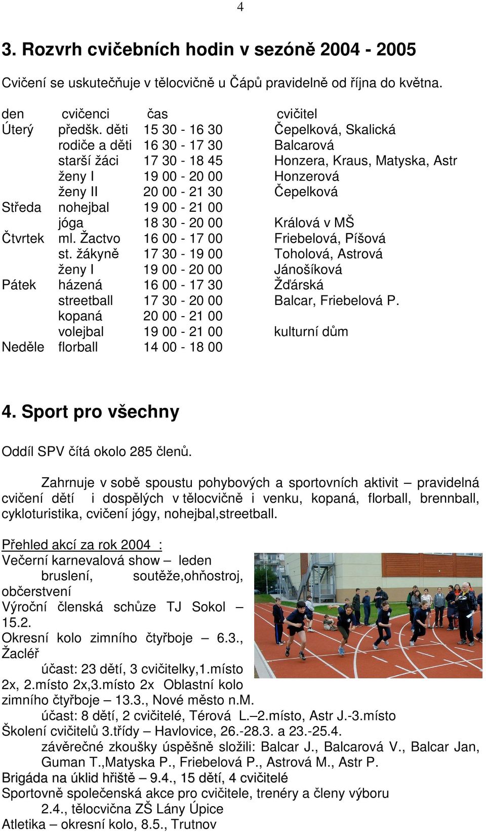 00-21 00 jóga 18 30-20 00 Králová v MŠ tvrtek ml. Žactvo 16 00-17 00 Friebelová, Píšová st.