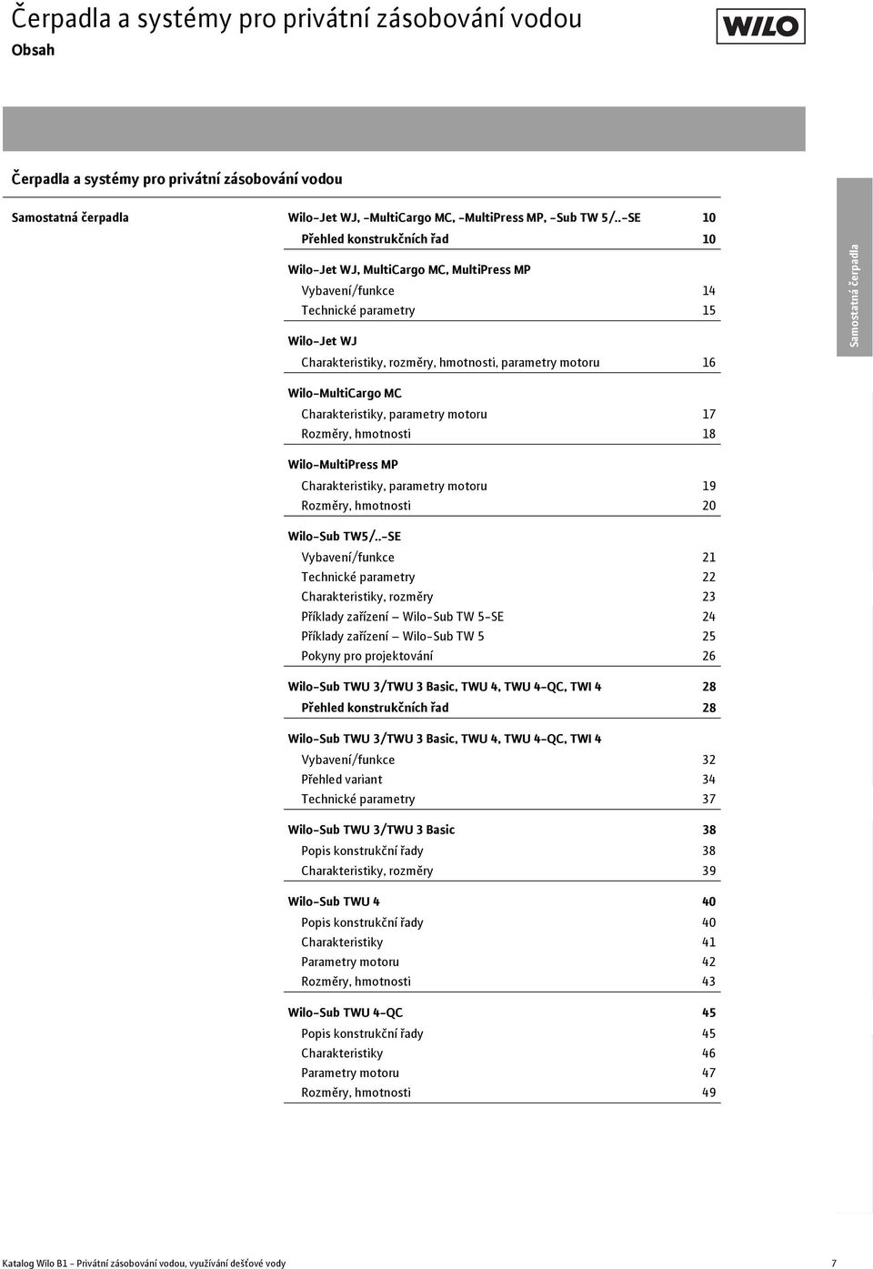 Wilo-MultiCargo MC Charakteristiky, parametry motoru 17 Rozměry, hmotnosti 18 Wilo-MultiPress MP Charakteristiky, parametry motoru 19 Rozměry, hmotnosti 2 Wilo-Sub TW5/.