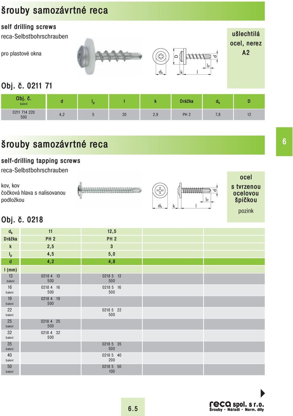 0211 714 220 l Dráža D 4,2 5 20 2,9 7,8 12 šrouby samozávrtné reca 10_35_10_40 self-rilling tapping screws ov, ov