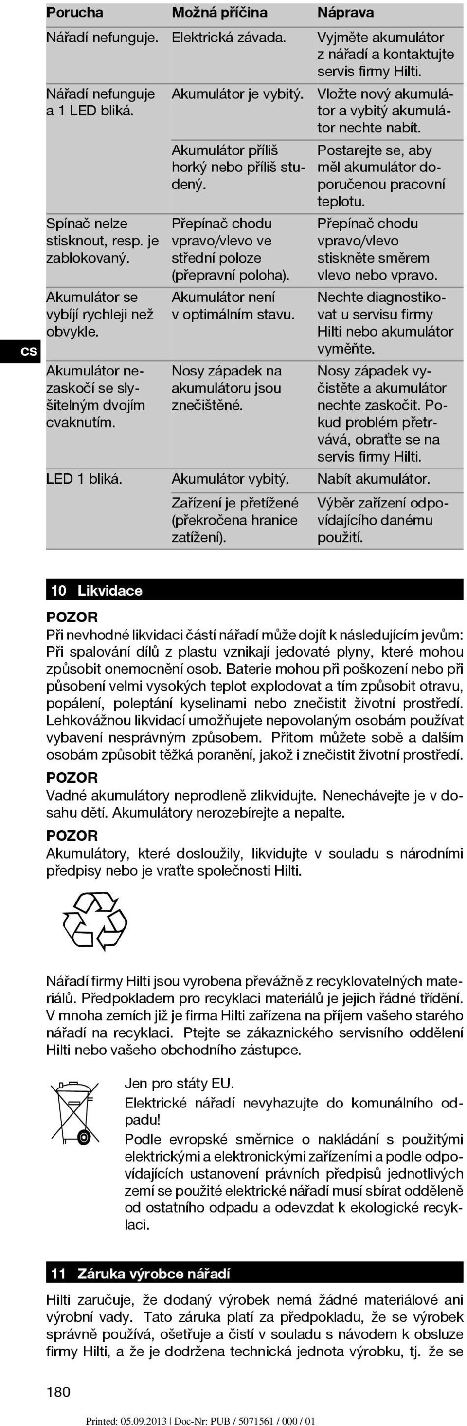Přepínač chodu vpravo/vlevo ve střední poloze (přepravní poloha). Akumulátor není voptimálnímstavu. Nosy západek na akumulátoru jsou znečištěné.