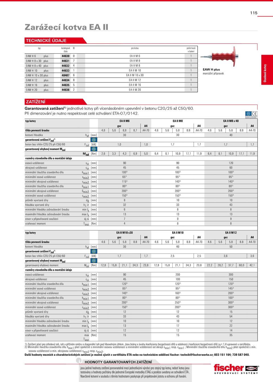 jednotlivé kotvy při vícenásobném upevnění v betonu C20/25 až C50/60. Při dimenzování je nutno respektovat celé schválení ETA-07/0142.