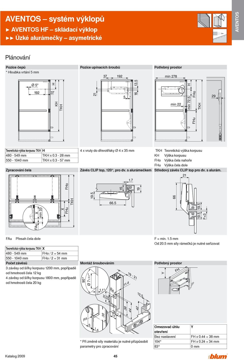 3-57 mm 4 x vruty do dřevotřísky Ø 4 x 35 mm TKH Teoretická výška korpusu KH Výška korpusu FHo Výška čela nahoře FHu Výška čela dole Zpracování čela Závěs CLIP top, 120, pro dv.