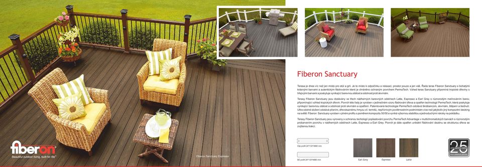 Fiberon Sanctuary jsou dodávány ve třech nádherných barevných odstínech Latte, Espresso a Earl Grey s různorodým melírováním barev, připomínající vzhled tropických dřevin Povrch této řady je vyroben