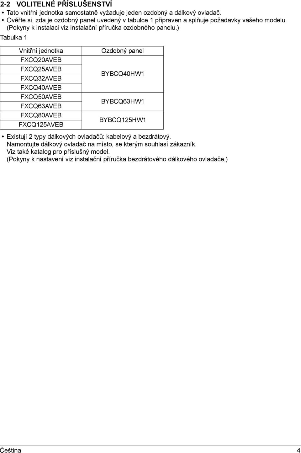 ) Tabulka Vnitřní jednotka FXCQ0AVEB FXCQ5AVEB FXCQ3AVEB FXCQ40AVEB FXCQ50AVEB FXCQ63AVEB FXCQ80AVEB FXCQ5AVEB Ozdobný panel BYBCQ40HW BYBCQ63HW BYBCQ5HW Existují