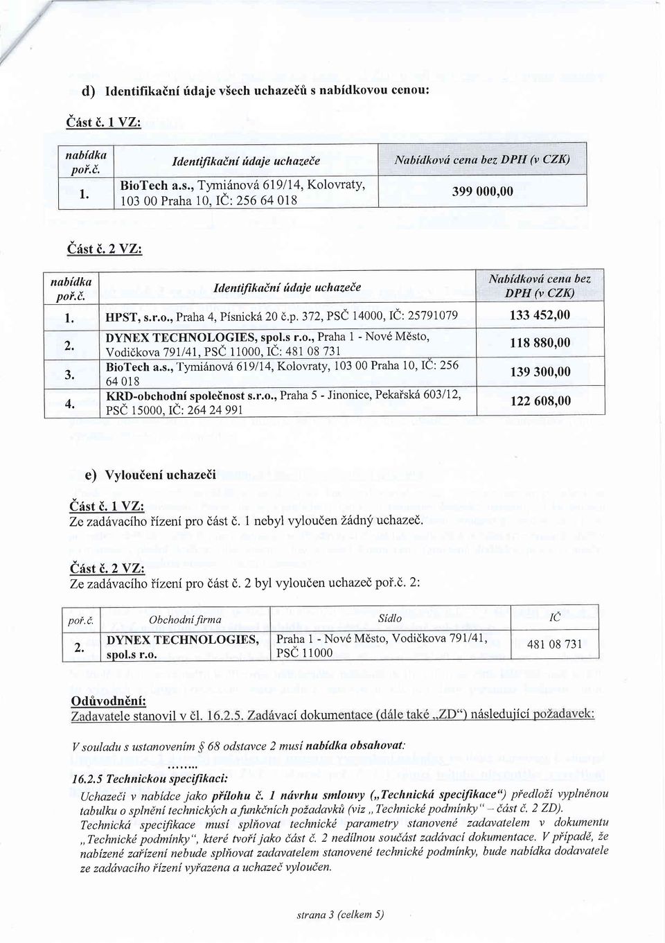 4. DYNEX TECHNOLOGIES, spol.s r.o., Praha 1 - Nov6 Mdsto, Vodidkova 791,141. PSi 11000, Ie : 481 08 731 BioTech a.s., Tymi6nov6 619174, Kolovraty, 103 00 Praha 10, lc:256 64 018 KRD-obchodni spoleinost s.