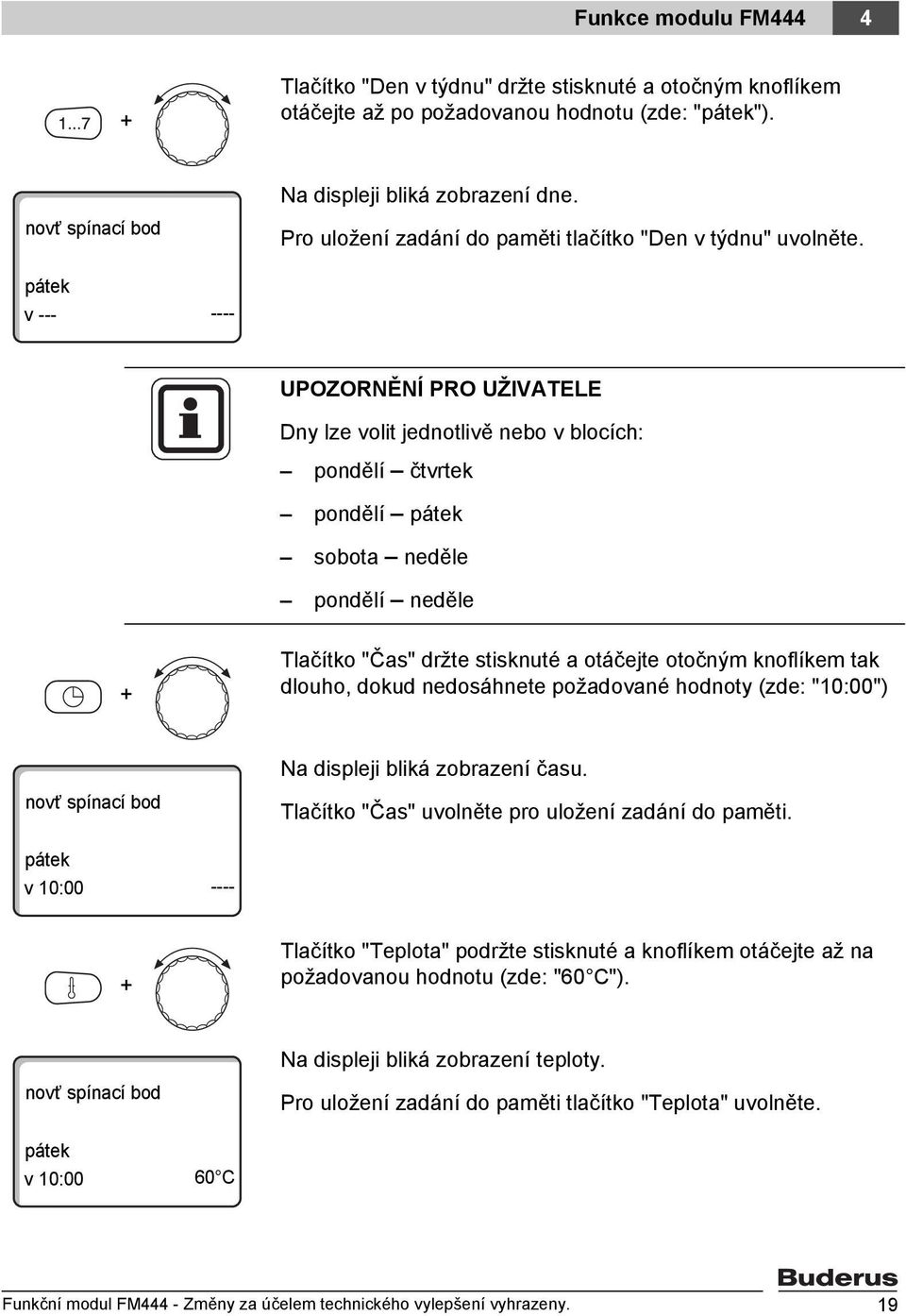 pátek v --- ---- UPOZORNĚNÍ PRO UŽIVATELE Dny lze volit jednotlivě nebo v blocích: pondělí čtvrtek pondělí pátek sobota neděle pondělí neděle + Tlačítko "Čas" držte stisknuté a otáčejte otočným