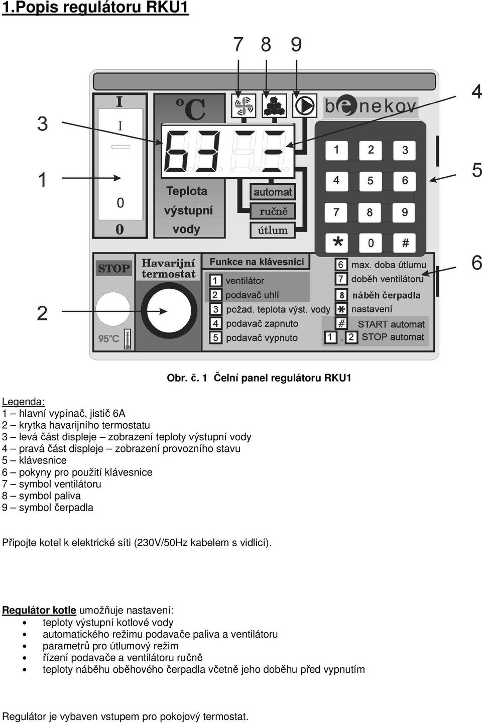 rpadla Obr. č. 1 Čelní panel regulátoru RKU1 Připojte kotel k elektrické síti (230V/50Hz kabelem s vidlicí).