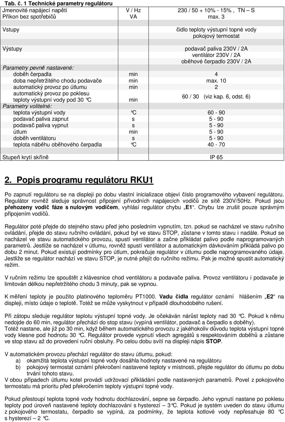 nepřetržitého chodu podavače min max. 10 automatický provoz po útlumu min 2 automatický provoz po poklesu teploty výstupní vody pod 30 C min 60 / 30 (viz kap. 6, odst.