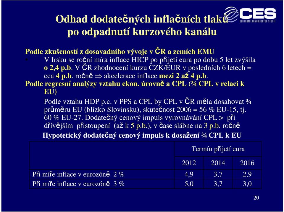 úrovně a CPL (¾ CPL v relaci k EU) Podle vztahu HDP p.c. v PPS a CPL by CPL v ČR měla dosahovat ¾ průměru EU (blízko Slovinsku), skutečnost 2006 = 56 % EU-15, tj. 60 % EU-27.