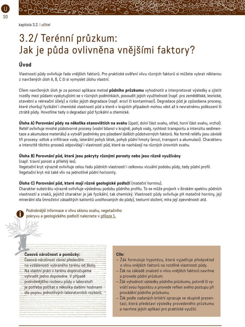 Cílem navržených úloh je za pomoci aplikace metod půdního průzkumu vyhodnotit a interpretovat výsledky a zjistit rozdíly mezi půdami vyskytujícími se v různých podmínkách, posoudit jejich