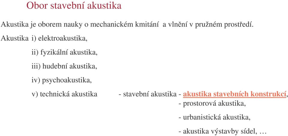 Akustika i) elektroakustika, ii) fyzikální akustika, iii) hudební akustika, iv)