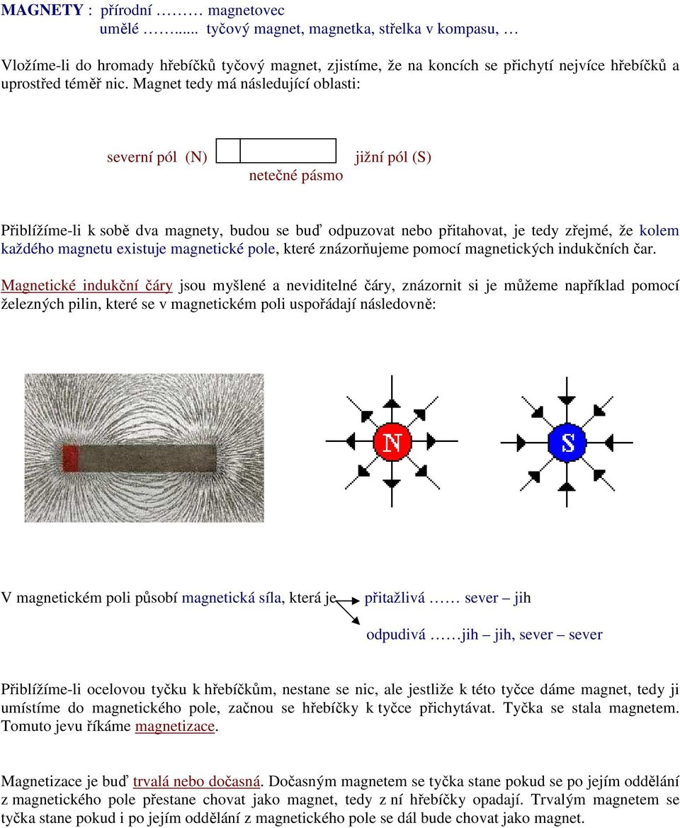 Magnet tedy má následující oblasti: severní pól (N) netečné pásmo jižní pól (S) Přiblížíme-li k sobě dva magnety, budou se buď odpuzovat nebo přitahovat, je tedy zřejmé, že kolem každého magnetu